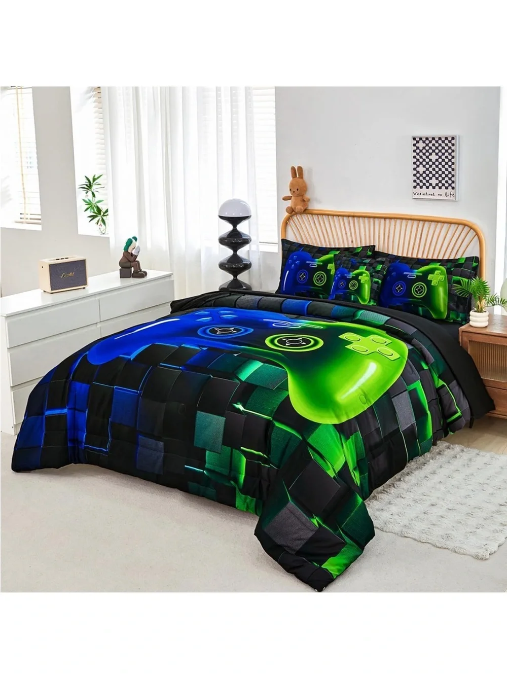 Neon Blue & Green Gamer Controller Comforter Set - Youth Bedding